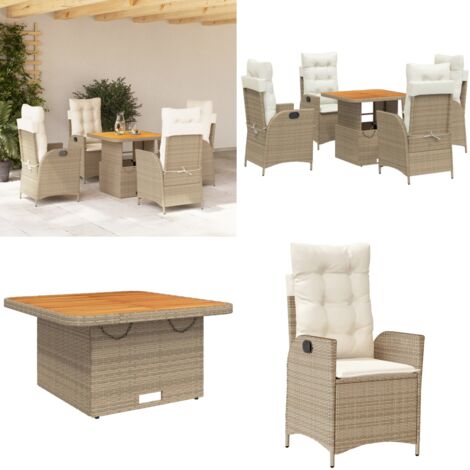 Set da Pranzo da Giardino 5 pz con Cuscini Beige in Polyrattan - Sedie da giardino reclinabili - Tavolino da giardino con piano sollevabile