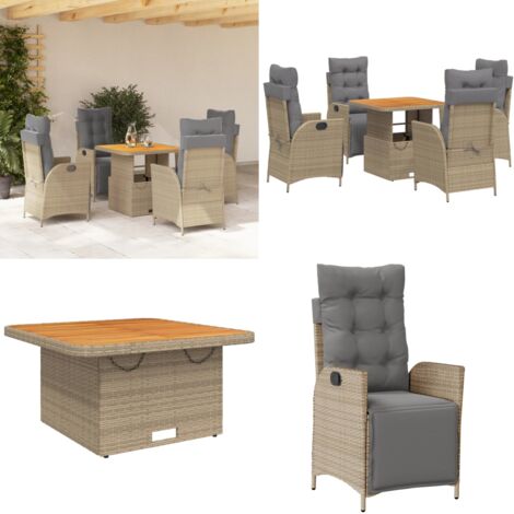 Set da Pranzo da Giardino 5 pz con Cuscini Beige in Polyrattan - Sedie da giardino reclinabili - Tavolino da giardino con piano sollevabile