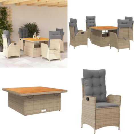 Set da Pranzo da Giardino 5 pz con Cuscini Beige in Polyrattan - Sedie da giardino reclinabili - Tavolino da giardino con piano sollevabile