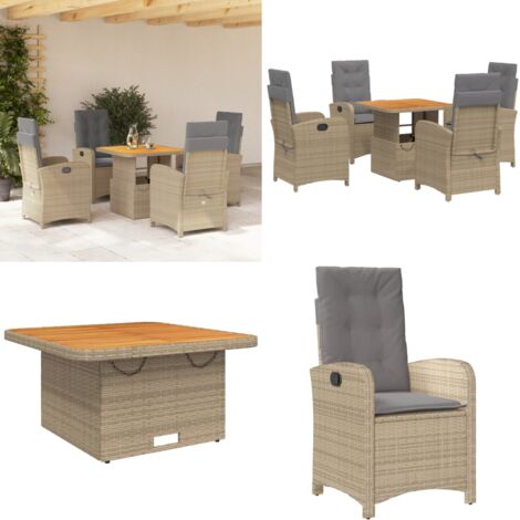 Set da Pranzo da Giardino 5 pz con Cuscini Beige in Polyrattan - Sedie da giardino reclinabili - Tavolino da giardino sollevabile