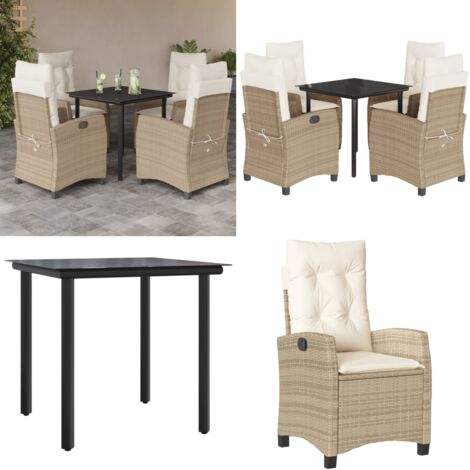 Set da Pranzo da Giardino 5 pz con Cuscini Beige in Polyrattan - Sedie da giardino reclinabili - Tavolo da giardino