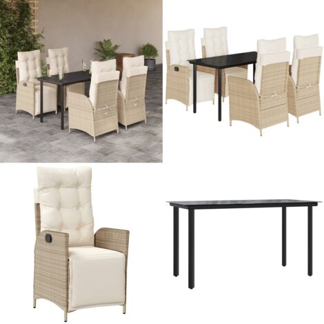 Set da Pranzo da Giardino 5 pz con Cuscini Beige in Polyrattan - Sedie da giardino reclinabili - Tavolo da giardino