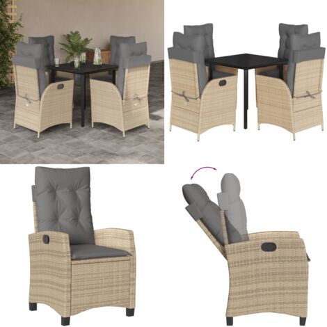 Set da Pranzo da Giardino 5 pz con Cuscini Beige in Polyrattan - Sedie da giardino reclinabili - Tavolo da giardino