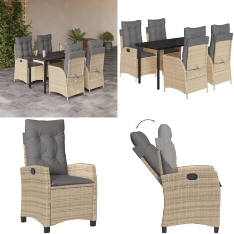 Set da Pranzo da Giardino 5 pz con Cuscini Beige in Polyrattan - Sedie da giardino reclinabili - Tavolo da giardino