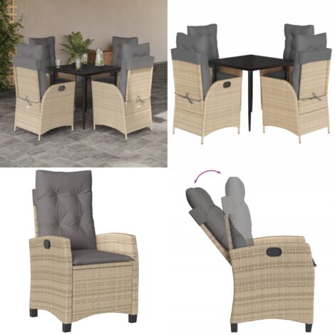 Set da Pranzo da Giardino 5 pz con Cuscini Beige in Polyrattan - Sedie da giardino reclinabili - Tavolo da giardino