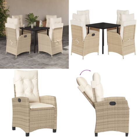 Set da Pranzo da Giardino 5 pz con Cuscini Beige in Polyrattan - Sedie da giardino reclinabili - Tavolo da giardino