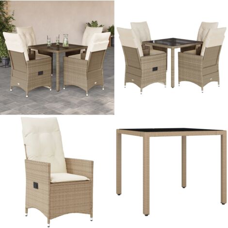 Set da Pranzo da Giardino 5 pz con Cuscini Beige in Polyrattan - Sedie da giardino reclinabili - Tavolo da giardino