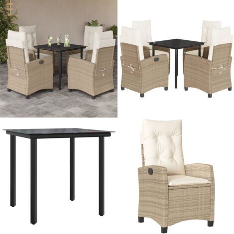Set da Pranzo da Giardino 5 pz con Cuscini Beige in Polyrattan - Sedie da giardino reclinabili - Tavolo da giardino