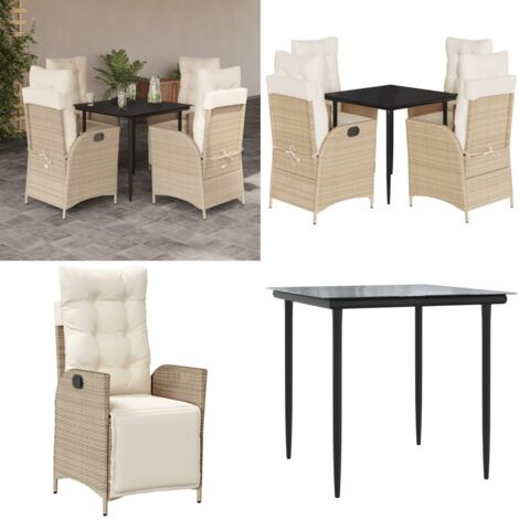 Set da Pranzo da Giardino 5 pz con Cuscini Beige in Polyrattan - Sedie da giardino reclinabili - Tavolo da giardino