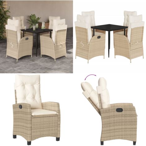 Set da Pranzo da Giardino 5 pz con Cuscini Beige in Polyrattan - Sedie da giardino reclinabili - Tavolo da giardino