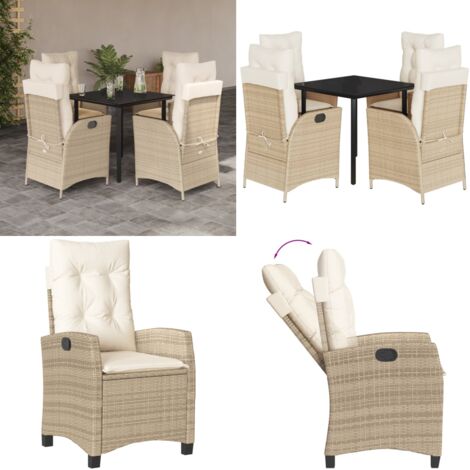 Set da Pranzo da Giardino 5 pz con Cuscini Beige in Polyrattan - Sedie da giardino reclinabili - Tavolo da giardino