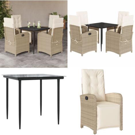 Set da Pranzo da Giardino 5 pz con Cuscini Beige in Polyrattan - Sedie da giardino reclinabili - Tavolo da giardino