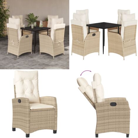 Set da Pranzo da Giardino 5 pz con Cuscini Beige in Polyrattan - Sedie da giardino reclinabili - Tavolo da giardino