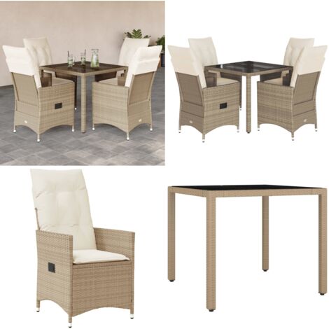 Set da Pranzo da Giardino 5 pz con Cuscini Beige in Polyrattan - Sedie da giardino reclinabili - Tavolo da giardino