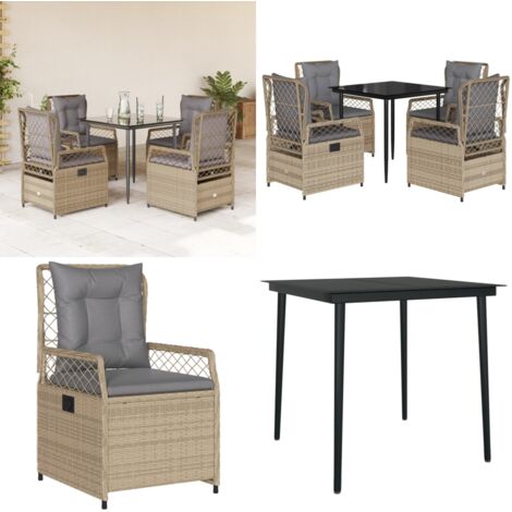 Set da Pranzo da Giardino 5 pz con Cuscini Beige in Polyrattan - Sedie da giardino reclinabili - Tavolo da giardino