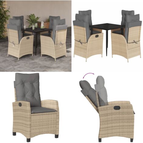 Set da Pranzo da Giardino 5 pz con Cuscini Beige in Polyrattan - Sedie da giardino reclinabili - Tavolo da giardino