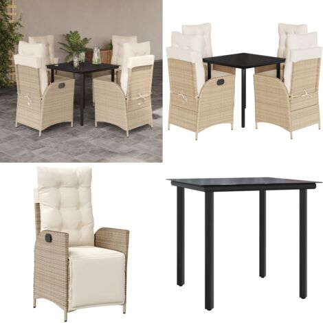 Set da Pranzo da Giardino 5 pz con Cuscini Beige in Polyrattan - Sedie da giardino reclinabili - Tavolo da giardino