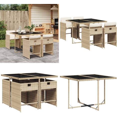 Set da Pranzo da Giardino 5 pz con Cuscini Beige in Polyrattan - Sedie da giardino - Tavolo da giardino