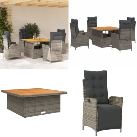 Set da Pranzo da Giardino 5 pz con Cuscini in Polyrattan Grigio - Sedie da giardino reclinabili - Tavolino da giardino con piano sollevabile