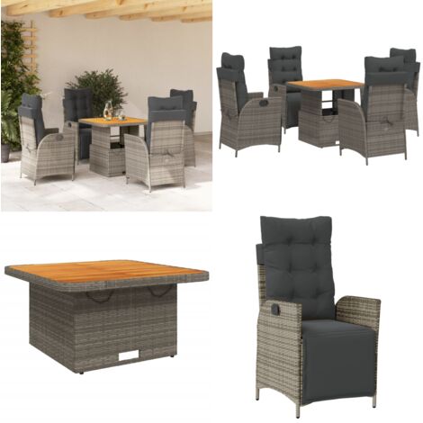 Set da Pranzo da Giardino 5 pz con Cuscini in Polyrattan Grigio - Sedie da giardino reclinabili - Tavolino da giardino con piano sollevabile