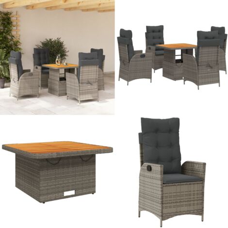 Set da Pranzo da Giardino 5 pz con Cuscini in Polyrattan Grigio - Sedie da giardino reclinabili - Tavolino da giardino con piano sollevabile