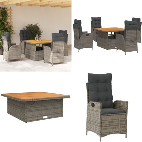 Set da Pranzo da Giardino 5 pz con Cuscini in Polyrattan Grigio - Sedie da giardino reclinabili - Tavolino da giardino con piano sollevabile
