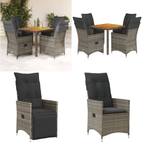 Set da Pranzo da Giardino 5 pz con Cuscini in Polyrattan Grigio - Sedie da giardino reclinabili - Tavolo da giardino