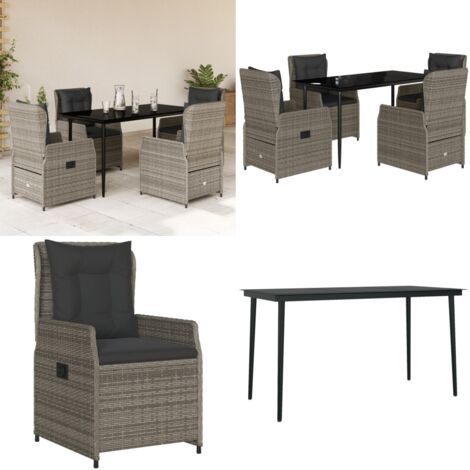 Set da Pranzo da Giardino 5 pz con Cuscini in Polyrattan Grigio - Sedie da giardino reclinabili - Tavolo da giardino