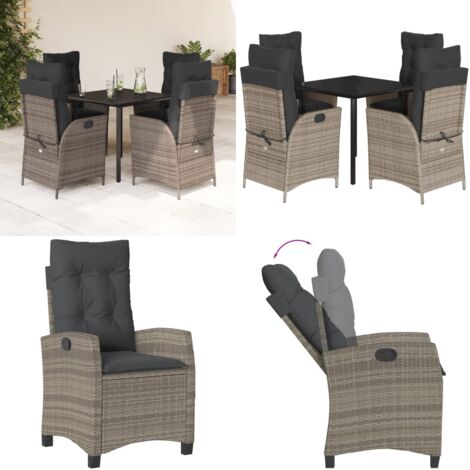 Set da Pranzo da Giardino 5 pz con Cuscini in Polyrattan Grigio - Sedie da giardino reclinabili - Tavolo da giardino