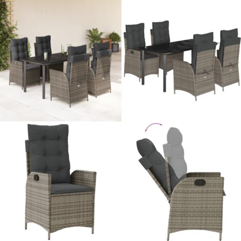 Set da Pranzo da Giardino 5 pz con Cuscini in Polyrattan Grigio - Sedie da giardino reclinabili - Tavolo da giardino