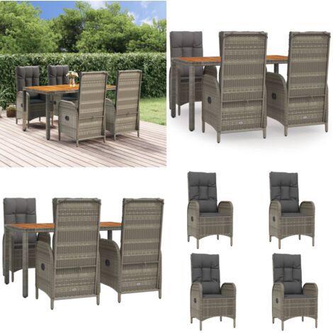 Set da Pranzo da Giardino 5 pz con Cuscini in Polyrattan Grigio - Sedie da giardino reclinabili - Tavolo da giardino