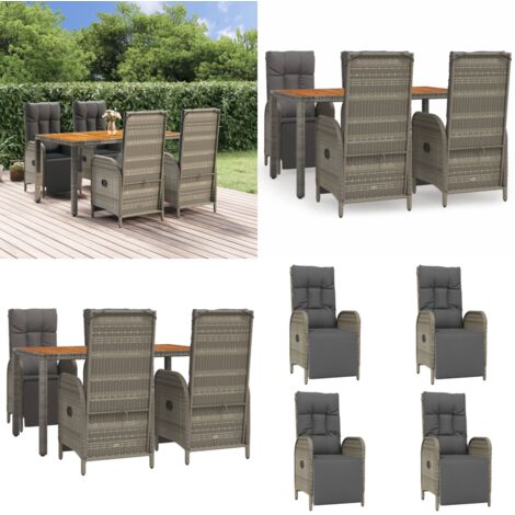 Set da Pranzo da Giardino 5 pz con Cuscini in Polyrattan Grigio - Sedie da giardino reclinabili - Tavolo da giardino