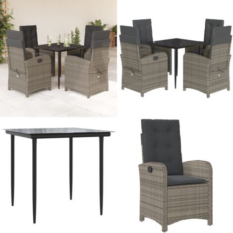 Set da Pranzo da Giardino 5 pz con Cuscini in Polyrattan Grigio - Sedie da giardino reclinabili - Tavolo da giardino