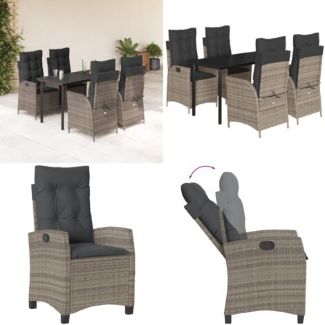 Set da Pranzo da Giardino 5 pz con Cuscini in Polyrattan Grigio - Sedie da giardino reclinabili - Tavolo da giardino
