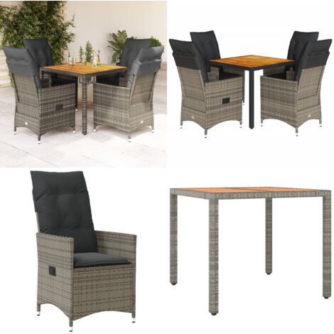 Set da Pranzo da Giardino 5 pz con Cuscini in Polyrattan Grigio - Sedie da giardino reclinabili - Tavolo da giardino