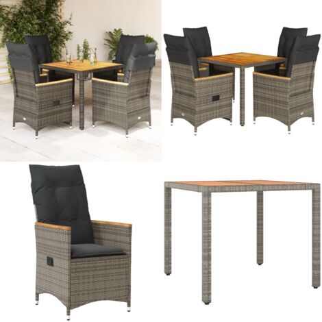 Set da Pranzo da Giardino 5 pz con Cuscini in Polyrattan Grigio - Sedie da giardino reclinabili - Tavolo da giardino