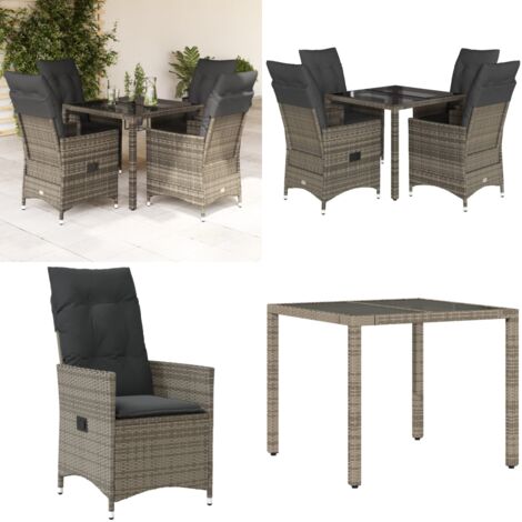 Set da Pranzo da Giardino 5 pz con Cuscini in Polyrattan Grigio - Sedie da giardino reclinabili - Tavolo da giardino