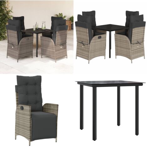 Set da Pranzo da Giardino 5 pz con Cuscini in Polyrattan Grigio - Sedie da giardino reclinabili - Tavolo da giardino