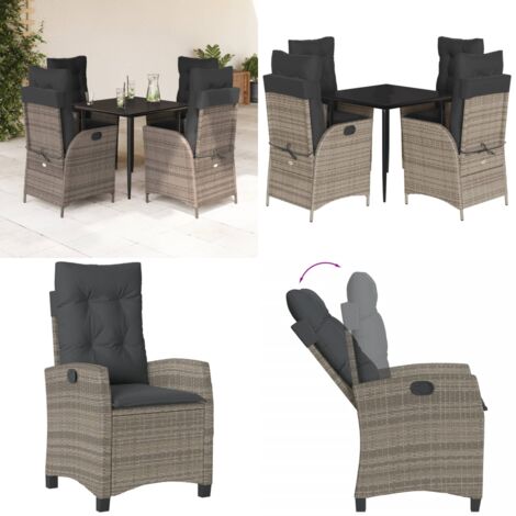 Set da Pranzo da Giardino 5 pz con Cuscini in Polyrattan Grigio - Sedie da giardino reclinabili - Tavolo da giardino