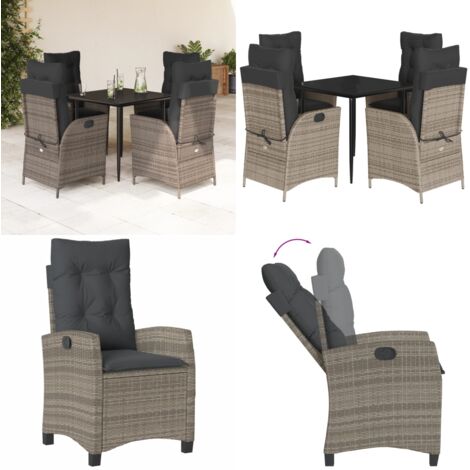 Set da Pranzo da Giardino 5 pz con Cuscini in Polyrattan Grigio - Sedie da giardino reclinabili - Tavolo da giardino