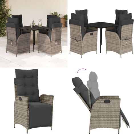 Set da Pranzo da Giardino 5 pz con Cuscini in Polyrattan Grigio - Sedie da giardino reclinabili - Tavolo da giardino