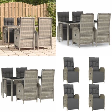Set da Pranzo da Giardino 5 pz con Cuscini in Polyrattan Grigio - Sedie da giardino reclinabili - Tavolo da giardino