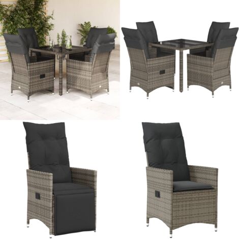 Set da Pranzo da Giardino 5 pz con Cuscini in Polyrattan Grigio - Sedie da giardino reclinabili - Tavolo da giardino