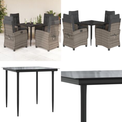Set da Pranzo da Giardino 5 pz con Cuscini in Polyrattan Grigio - Tavolo da giardino - Sedie da giardino