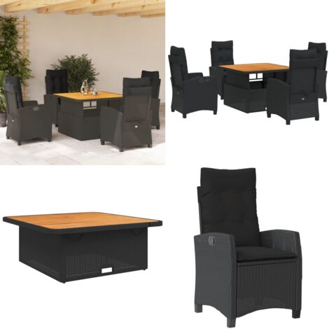 Set da Pranzo da Giardino 5 pz Nero con Cuscini in Polyrattan - Sedie da giardino reclinabili - Tavolino da giardino con piano sollevabile