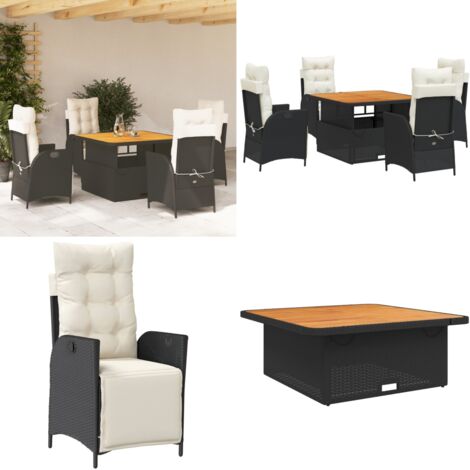 Set da Pranzo da Giardino 5 pz Nero con Cuscini in Polyrattan - Sedie da giardino reclinabili - Tavolino da giardino con piano sollevabile