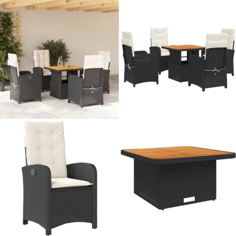Set da Pranzo da Giardino 5 pz Nero con Cuscini in Polyrattan - Sedie da giardino reclinabili - Tavolino da giardino con piano sollevabile