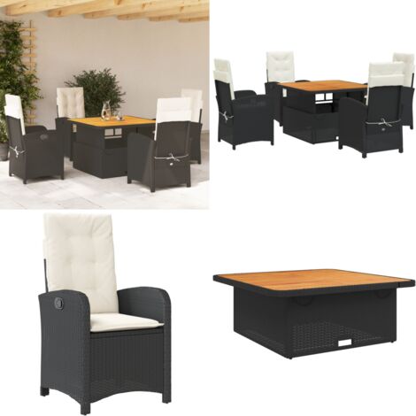 Set da Pranzo da Giardino 5 pz Nero con Cuscini in Polyrattan - Sedie da giardino reclinabili - Tavolino da giardino con piano sollevabile