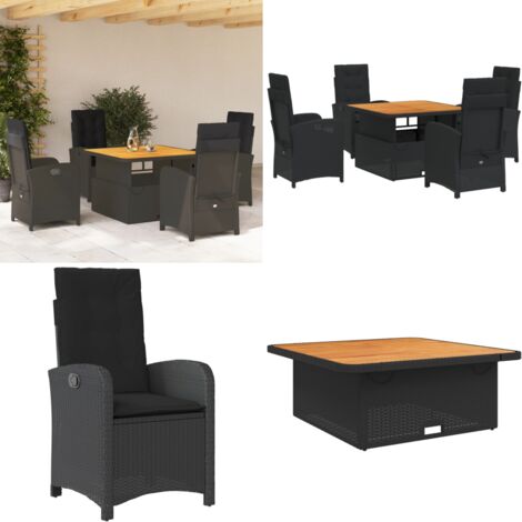 Set da Pranzo da Giardino 5 pz Nero con Cuscini in Polyrattan - Sedie da giardino reclinabili - Tavolino da giardino con piano sollevabile
