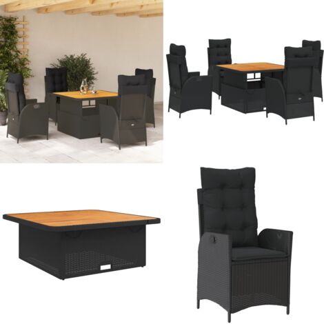 Set da Pranzo da Giardino 5 pz Nero con Cuscini in Polyrattan - Sedie da giardino reclinabili - Tavolino da giardino sollevabile